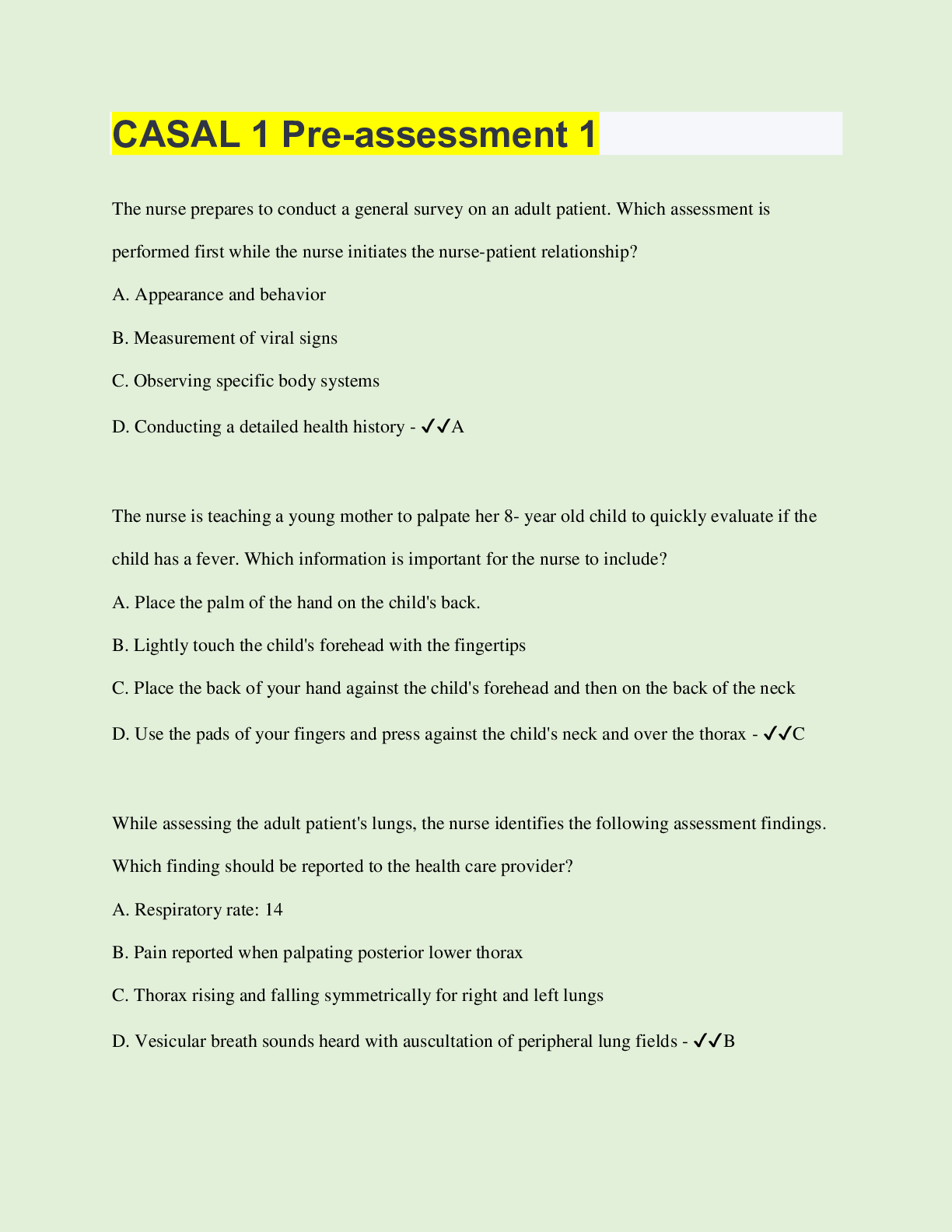Preview image for CASAL 1 Pre-assessment 1 | 140 Questions with 100% Correct Answers | Verified | Latest Update | 47 Pages